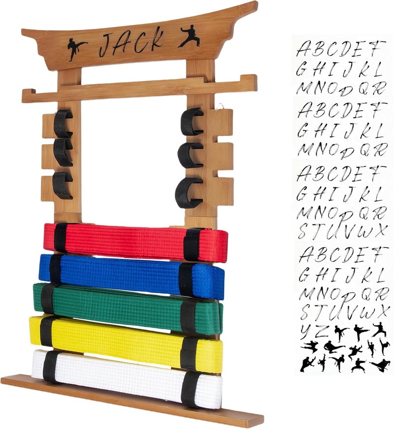 humberboat Wall Karate Belt Display Rack with Medal Hanger and Stickers, Martial Arts Belt Display Holder, 8 Belt Taekwondo Belt Belt Display Hanging Holder for Kids and Adults-Brown - Image 1